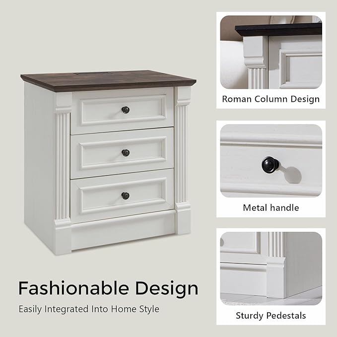 26" Tall Farmhouse Nightstand Set of 2, 3 Drawers End Table w/Charging Station, 23.6" Wide Large Side Table w/Roman Column, Wood Rustic Sofa Table for Bedroom, White