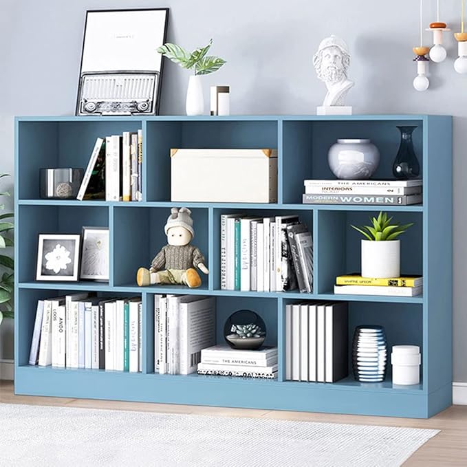IOTXY Open Shelf Low Bookcase - Wooden 3-Tier Floor Standing Display Cabinet Organizer with Base, 10 Cubes Short Horizontal Bookshelf in Bright Blue