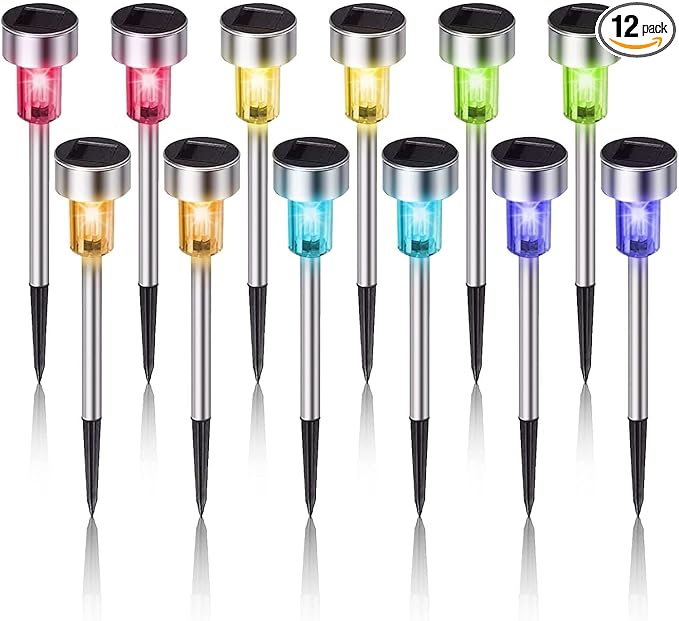 Solar Lights Outdoor Waterproof, Stainless Steel LED Landscape Lighting, Solar Garden Lights Solar Powered, Outdoor Solar Lights for Yard, Pathway, Walkway, Patio , Lawn - 12 Pack ( Multicolor )