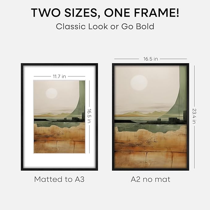 Homeforia A2 Black Wood Frame, High End Oak 16.5 x 23.4 Black Wooden Poster Frames Matted to 11.7 by 16.5 in Photo, A2 Size Wood Picture Frame with Mat A3 for Print, Tempered Glass, Wall Kit, Set of 1