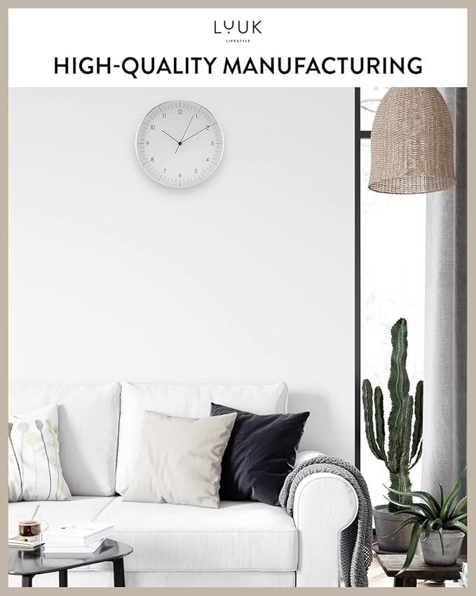 LUUK LIFESTYLE Modern Wall Clock Without Ticking, Pure Minimalist Design, legible Digits, Home Decor for Living Room, Office, in White and Silver