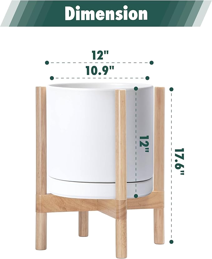 D'vine Dev Ceramic Planter with Natural Stand - 12 Inch Modern Round Flower Pot with Wood Planter Holder, White, 55-B-J-1