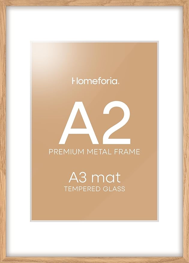 Homeforia A2 Picture Frame Natural Wood, High End Oak 16.5 x 23.4 Wooden Poster Frames Matted to 11.7 by 16.5 Photo, A2 Size Light Wood Frames with Mat A3 for Print, Tempered Glass, Wall Kit, Set of 1