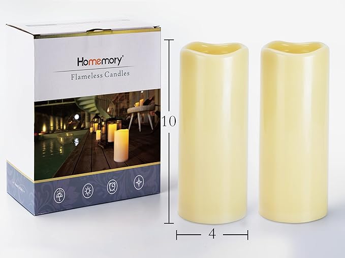Homemory 4" x 10" Large Waterproof Outdoor Flameless Candles, Battery Operated LED Pillar Candles with Remote and Timers for Indoor Outdoor Lanterns, Long Lasting, Dark Ivory, Set of 2