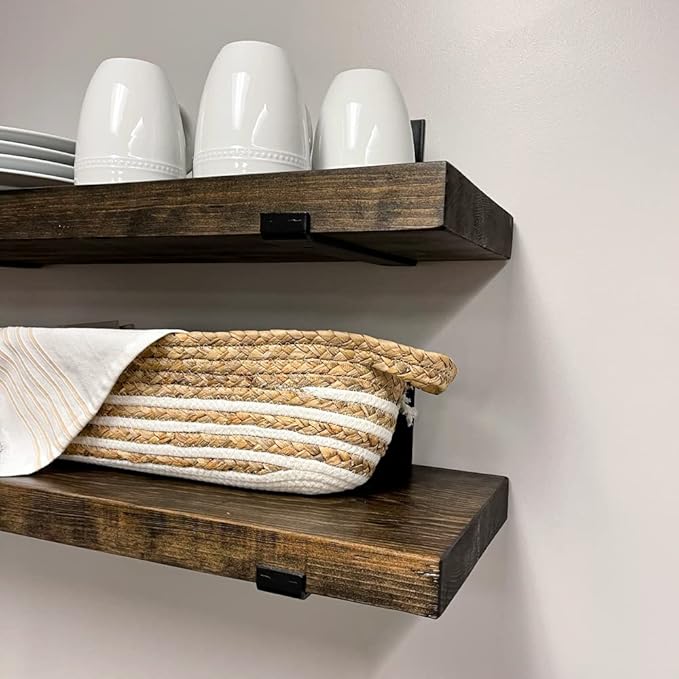 Rustic Shelves with J-Brackets Set of 2, Industrial Shelf, Kitchen Shelves, Solid Wood, Decorative Wall Storage, Heavy Duty, URBANDI (Dark Brown, 48Wx10D)