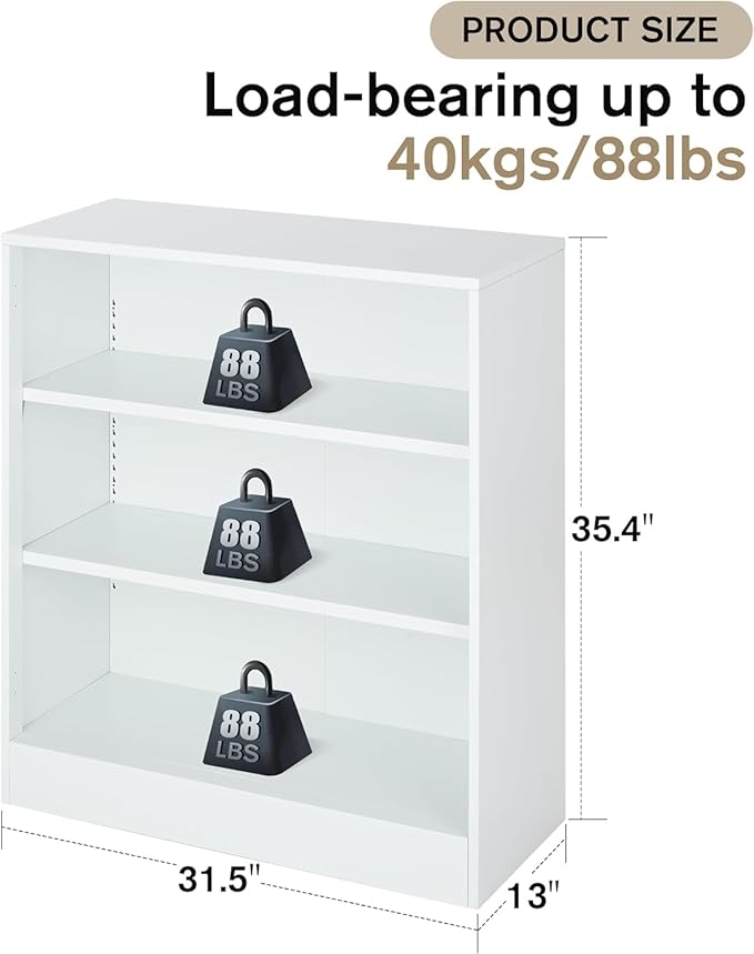3-Tier Bookshelf with Adjustable Shelves, White Metal Space Saving Storage Shelf Bookcase, Small Open Storage Shelf for Living Room, Home Office, Dinning Room, Pantry (White-36H)