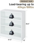 3-Tier Bookshelf with Adjustable Shelves, White Metal Space Saving Storage Shelf Bookcase, Small Open Storage Shelf for Living Room, Home Office, Dinning Room, Pantry (White-36H)