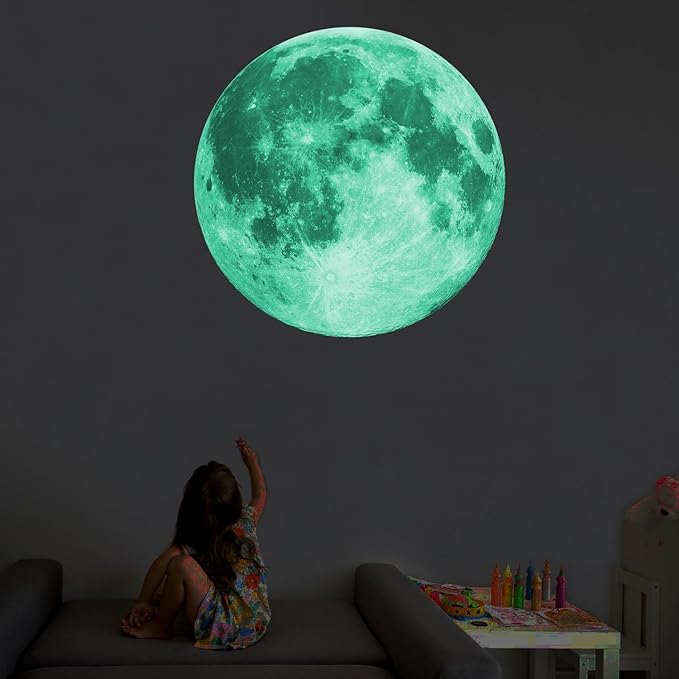 Quanhaigou Glow in The Dark Wall or Ceiling Moon Stickers – Green Luminous Big Moon Wall Stickers DIY Decor for Kid Room