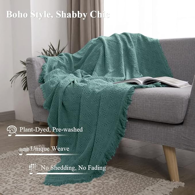 Simple&Opulence 100% Cotton Throw Blanket for Bed, Couch, Boho Luxury Geometric Knit Woven Blanket with Tassels Soft Lightweight Cozy Breathable, Vintage Farmhouse Decoration for All-Season(Green)
