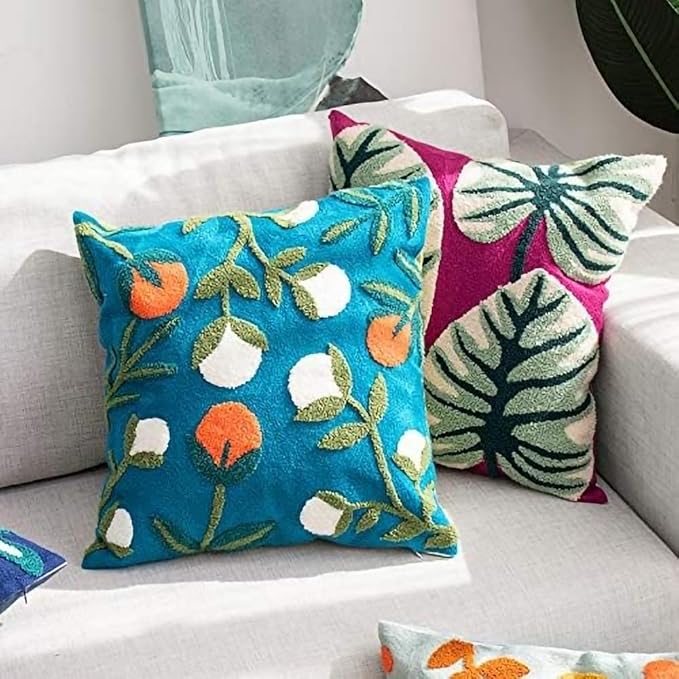 MOCOFO Canvas Embroidered Throw Pillow Cover with Flower Spring Embroidery Craft Modern Simple Sofa Office Pillow Pillow Case (Flower, 18x18’’)
