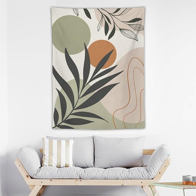 Abstract Bohemian Mid Century Tapestry, Tropical Leaves Modern Geometric Archway Minimalist Bohemian Botanical Aesthetic Wall Hanging, Sage Green Gold Home Decor Art for Bedroom 40x60 Inch