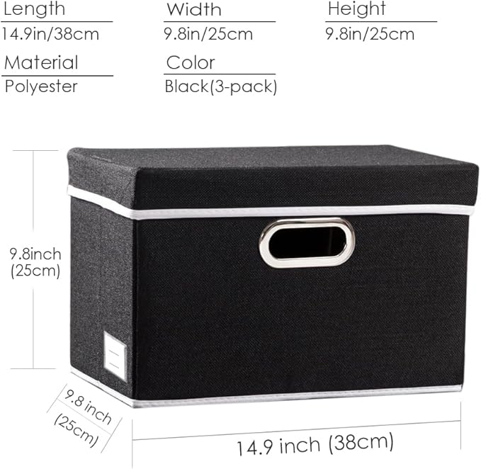 PRANDOM Foldable Storage Box with Lid [3-Pack] Fabric Collapsible Storage Bin Organizer Container Basket Cube with Cover for Home Bedroom Closet Office Nursery Black (14.9x9.8x9.8)