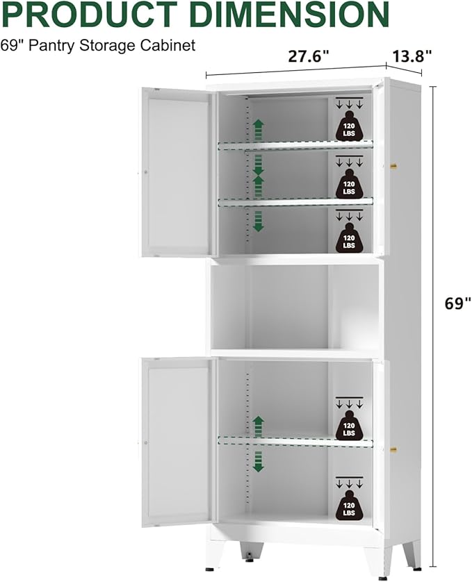 69" Tall Kitchen Pantry Cabinet, Metal Storage Cabinet with 4 Doors and Adjustbale Shelves, Freestanding Cupboards for Dining Room, Living Room, Bathroom