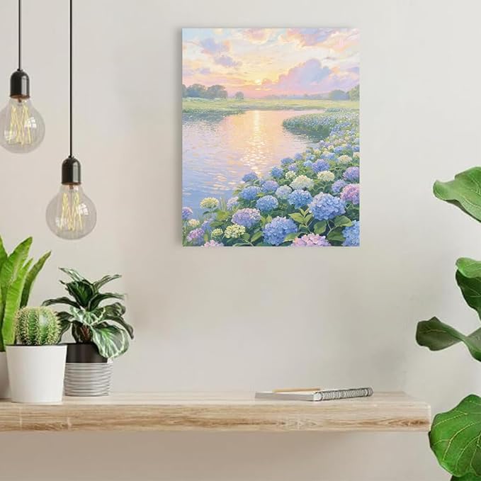 The hydrangea scenery all over the lake at sunset is suitable for posting in the living room bedroom office landscape poster wall painting