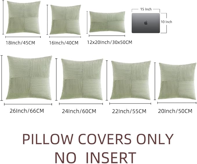 Fancy Homi 2 Packs Sage Green Samll Decorative Throw Pillow Covers 12x12 Inch with for Couch Bed Sofa, Rustic Farmhouse Boho Home Decor, Soft Corss Patchwork Corduroy Square Cushion Case 30x30 cm