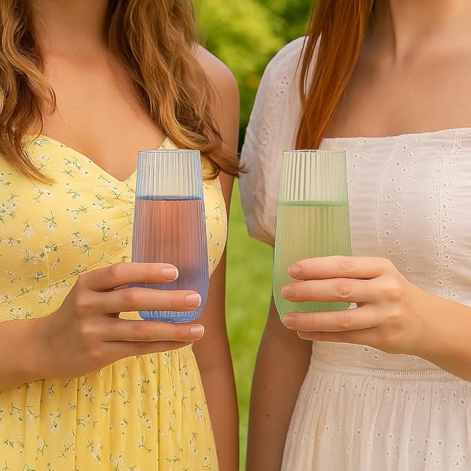 48 Pack Ribbed Ripple Stemless Toasting Glasses, Origami Durable 9 Oz BPA-Free Disposable Plastic Champagne Flutes for Weddings, Bars, Events, and Celebrations (48, Ribbed Color Collection)