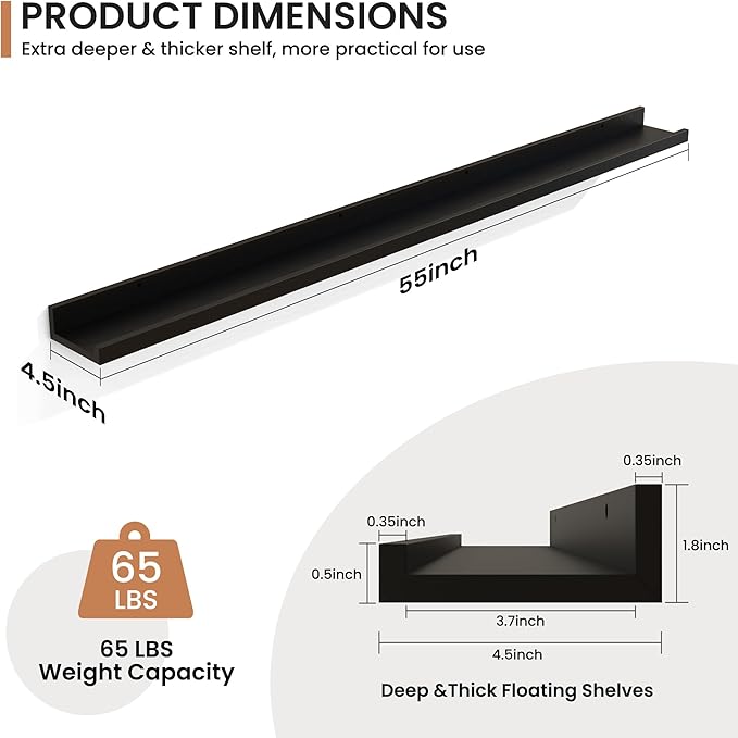 Fun Memories Picture Ledge Shelves Set of 2, 55 Inch Rustic Wall Mounted Floating Shelves with Lip for Home Storage and Décor in Bathroom, Kitchen, Nursery, Bedroom, Living Room, Black