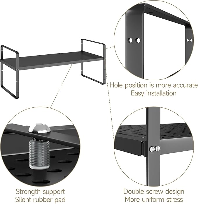 Hole Pattern Expandable Shelf Organizer,1Pack 8.1" Wide Easy to Assemble Cabinet Organizer Shelf, 16.5~27.1" Adjustable Height&Stackable Spice Organization for Cupboard, Black