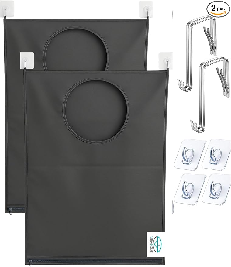 Hanging Laundry Hamper Bag – Space-Saving Dirty Clothes Storage with Free Adjustable Stainless Steel Over-the-Door Hooks & Suction Cup Hooks – Ideal for bathrooms, bedrooms & dorms (2, Gray)