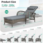 VIVIJASON Outdoor Wicker Chaise Lounge Chair Set of 2, All-Weather PE Rattan Cushioned Patio Lounger Chairs, 6-Position Adjustable Outside Pool Sunbathing Recliner with Armrest & Pillow, Gray