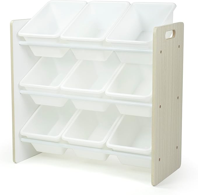 Humble Crew 9-Bin Toy Organizer – Hampton Sandwashed with White Plastic Bins, 3-Tier Storage Solution for Kids' Playrooms and Nurseries