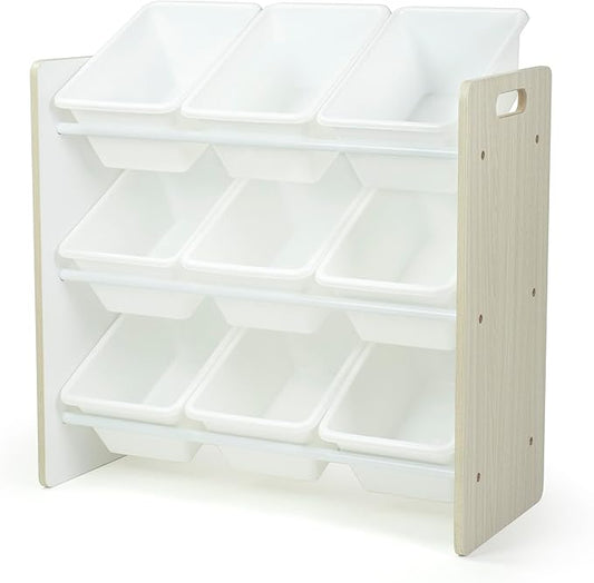 Humble Crew 9-Bin Toy Organizer – Hampton Sandwashed with White Plastic Bins, 3-Tier Storage Solution for Kids' Playrooms and Nurseries