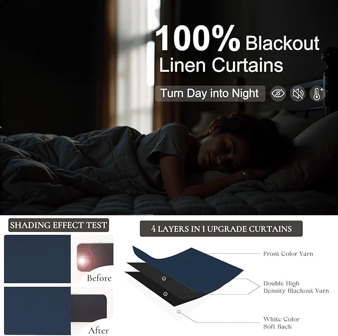 Navy Blue Blackout Curtains for Living Room 84 Inch Length 2 Panel Set Back Tab Pocket Midnight Dark Blue Black Out Linen Window Drape Thermal Insulated Room Darkening Curtain for Bedroom Boys 84 Long