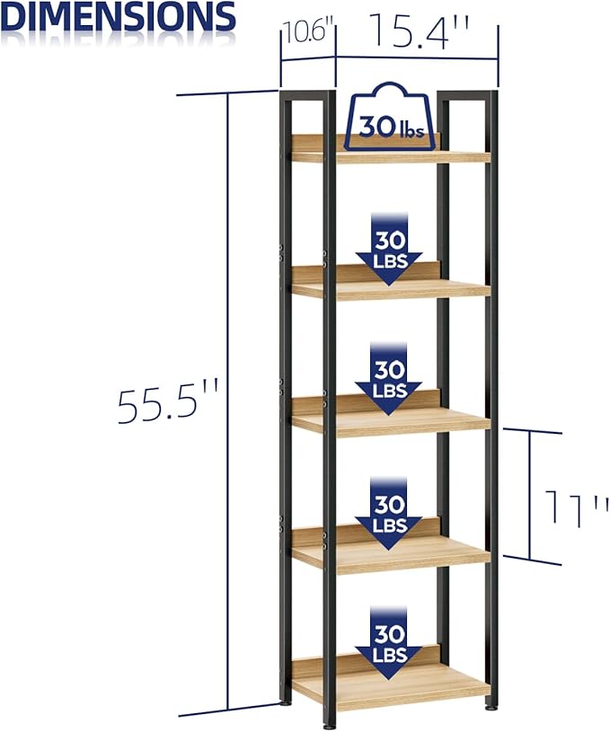 NUMENN Narrow Bookshelf, 5 Tier Bookshelves, Home Office Bookcase Shelf Storage Organizer, Free Standing Storage Shelving Unit for Bedroom, Living Room and Home Office, Natural