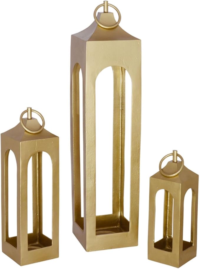 Small Gold Lantern, Rustic Metal Decorative Lantern, Candle Holder for Indoor & Outdoor, Home Decor for Patio, Garden & Tabletop, Hanging Lantern for Parties & Weddings
