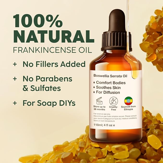 Kukka Frankincense Essential Oil for Face & Skin - 4 Fl Oz - 100% Pure Natural Frankincense Oil Made from Ethiopia Resin - A Holy & Woody Scent for Body Comfort, Aromatherapy & DIY Soap Making