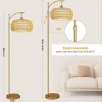 Gold Floor Lamps for Living Room Rattan Boho Floor Lamp with Remote Control,Dimmable Arc Floor Lamp Wicker LampShades Brass Standing Lamp with 3 Color Temperature Tall Floor Lamps For Bedroom Corner