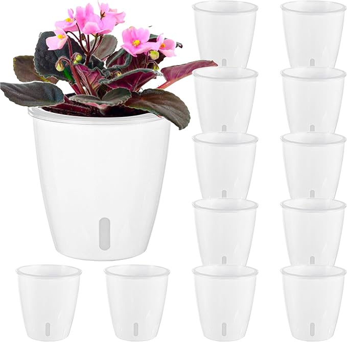 Self-Watering Pots for Indoor Plants, 12-Pack 5'' Self Watering Planter with Drainage Holes, Small African Violet Pots with Water Indicator, Clear Wick Pot, White