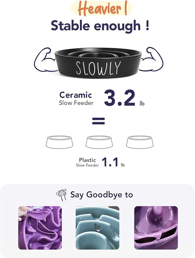 Slow Feeder Dog Bowl - 1.5 Cups Ceramic Puzzle Feeder for Small & Medium Breeds, Maze Design Pet Dish for Puppy & Fast Eaters, Black Non-Slip Bowl to Control Eating Speed