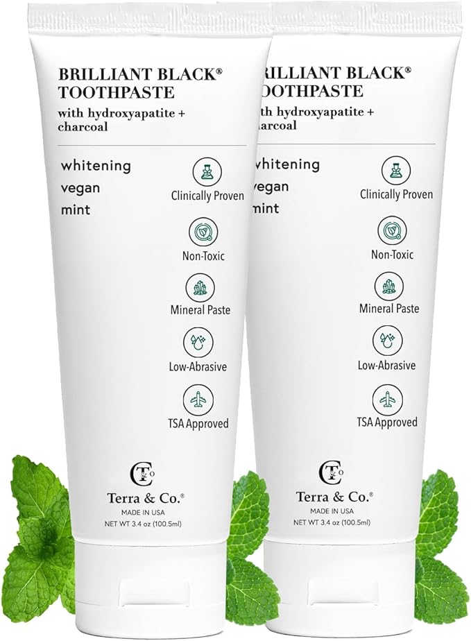 Terra & Co. Brilliant Black Hydroxyapatite Toothpaste for Whitening Teeth – USA-Made - Natural Remineralizing Toothpaste, Fluoride-Free, Vegan, SLS-Free, Low Abrasion – Mint, 3.4 oz