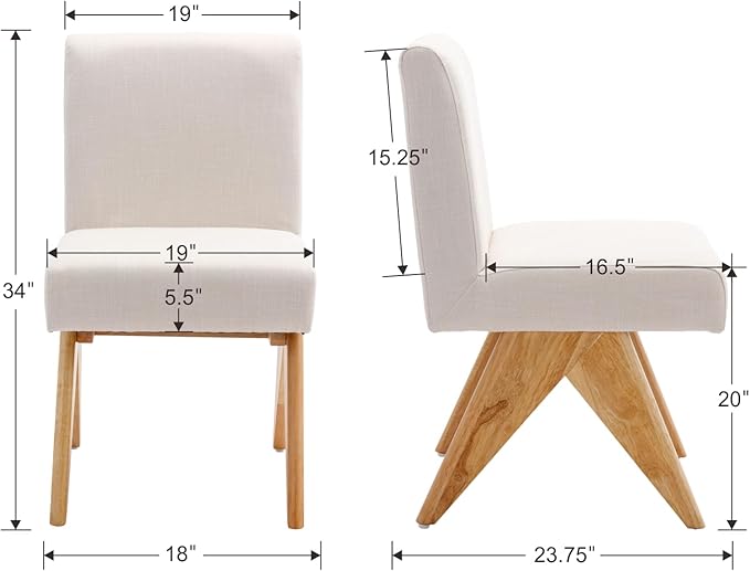 Mid Century Modern Farmhouse Dining Chairs Set of 6, Upholstered Armless Kitchen Chairs with Back and Wooden Legs, Linen Beige