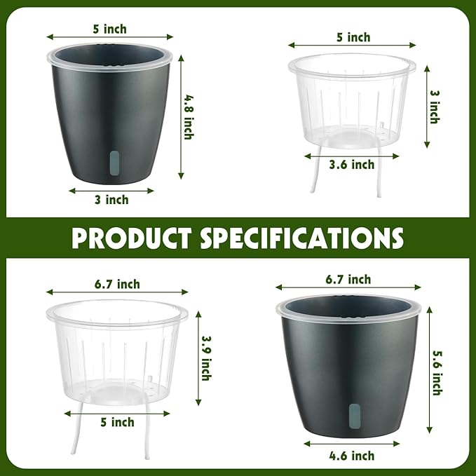 Self Watering Pots for Indoor Plants, 6-Pack 6.7'' Self Watering Planter with Drainage Holes, Small African Violet Pots with Water Indicator, Clear Wick Orchid Pot, Grey