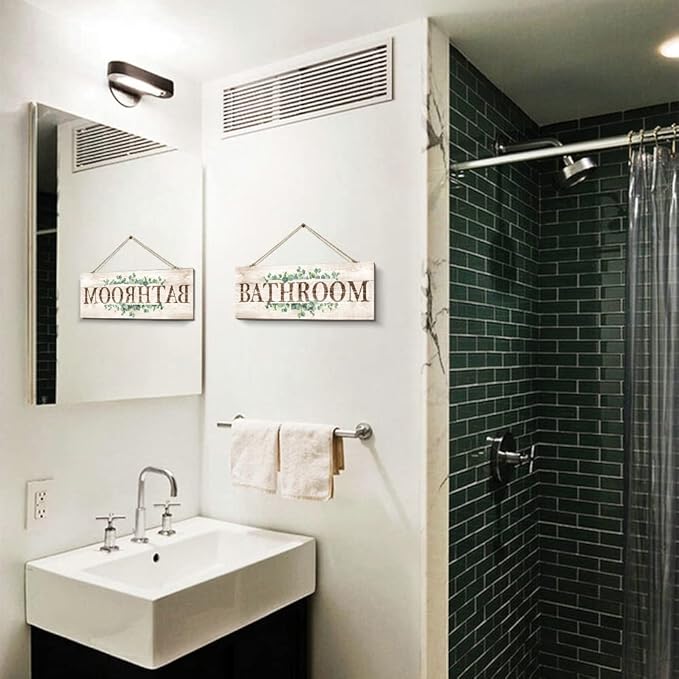 Bathroom Sign Wall Decor, Bathroom Wall Art with Plant Print, Rustic Farmhouse Wall Hanging Plaque Home Kitchen Decorative Bathroom, 4.7 x 13.7 inches