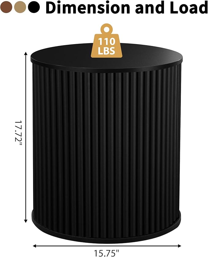 AVZEAR Fluted Round Side Table with Storage, Small Mid Century End Table Fluted Nightstands, Modern Circle Bedside Tables Wood Night Stand for Small Spaces, Living Room, Bedroom (Black)