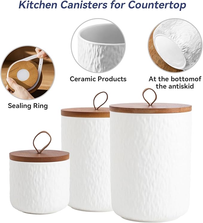 Kitchen Canisters for Countertop, Ceramic Coffee Canisters with Airtight Lids Food Storage Jars Sugar Container for Kitchen Counter Tea, Coffee Beans, Spice (#001White-44oz/1300ml)