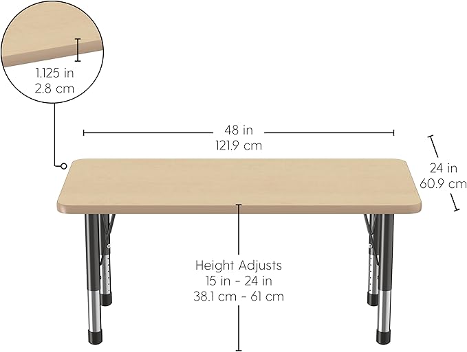 FDP Rectangle Activity School and Kids Classroom Table (24 x 48 inch), Toddler Legs, Adjustable Height 15-24 inches - Maple Top and Maple Edge