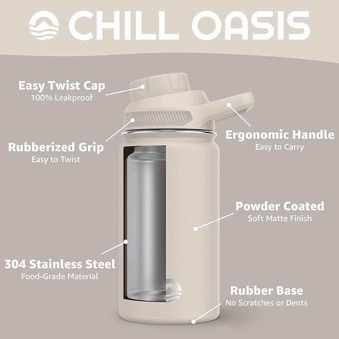 Chill Oasis Water Bottle | Compatible With Popular Flavor Cartridges | BPA Free, Leak Proof, Double-Walled Vacuum Insulated Stainless Steel, and Dishwasher Safe | Cold for 24 Hours (Beige, 12oz)