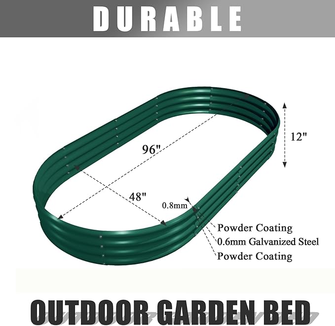 2 Pack 8x4x1FT Galvanized Raised Garden Bed Kit Oval Metal Ground Planter Box Outdoor Bottomless Planter Raised Beds for Vegetables Flowers Herbs Fruits, Green