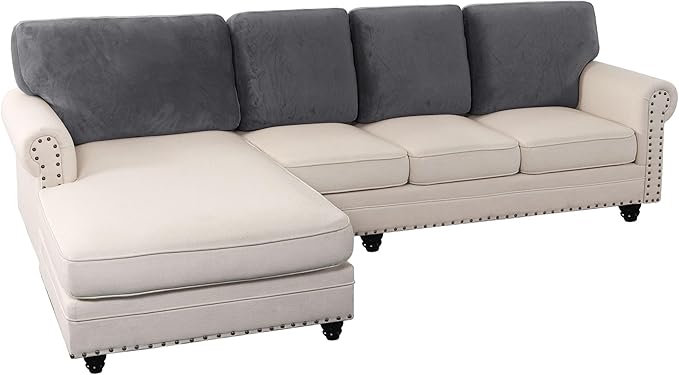 PrinceDeco Sectional Couch Covers Velvet Cushion Covers for Sectional Couch Washable Cushion Covers for Sectional Sofa Pet Friendly Sectional Sofa Slipcovers(1 Chaise Back+ 3 Sofa Back,Grey)