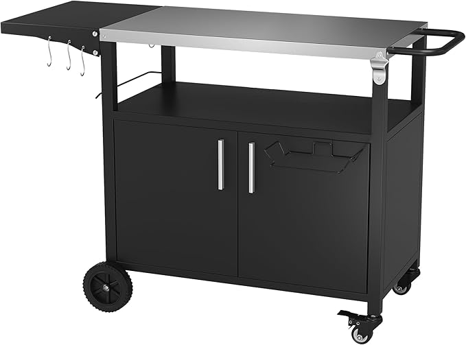 Vongrasig Grill Cart with Storage, Outdoor Bar Cart Rolling BBQ Cart Movable Pizza Oven Table Stand with Foldable Stainless Steel Top & Storage Cabinet, Black