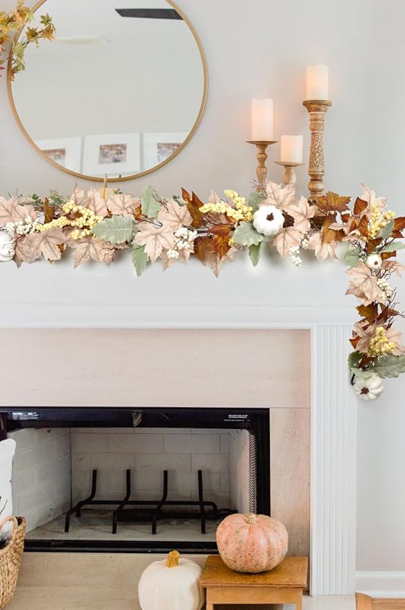 DearHouse Fall Garland Maple Leaf, 5.9Ft Hanging Vine Garland White with Pumpkins and Berries Thanksgiving Decor for Home Wedding Fireplace Party Christmas (White&Brown)