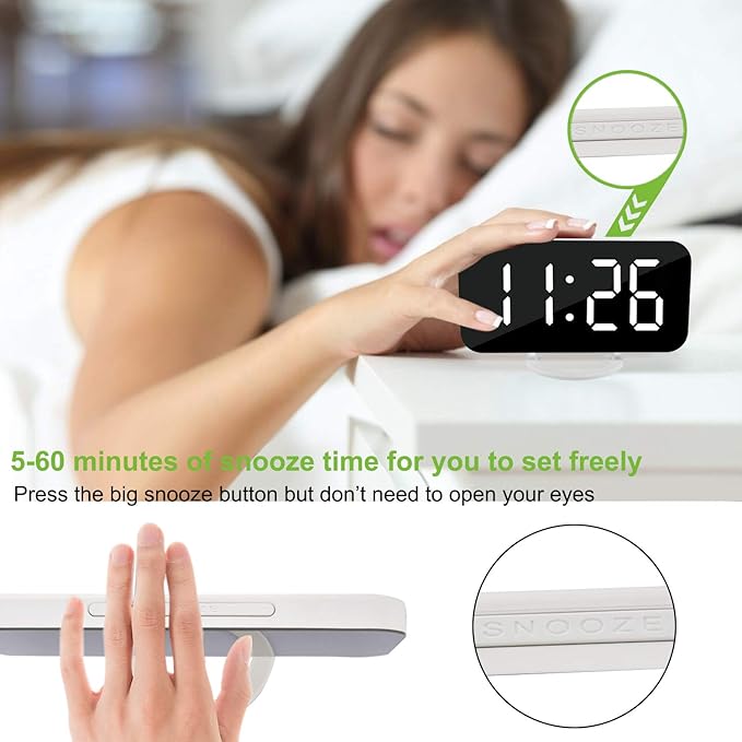 SZELAM Digital Clock Large Display, LED Electric Alarm Clocks Mirror Surface for Makeup with Diming Mode, 3 Levels Brightness, Dual USB Ports Modern Decoration for Home Bedroom Decor-White (001)