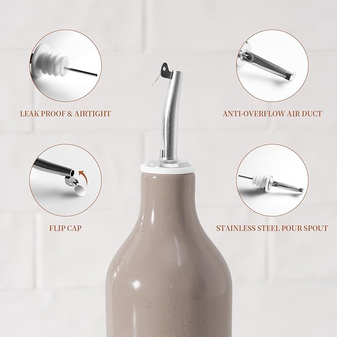 famiware Milkyway 16oz Ceramic Olive Oil Dispenser Bottle, Olive Oil and Vinegar Dispenser Bottle Set of 2 with Stainless Steel Pourers, Suitable for Storage Liquids, Dark Gray and Cinnamon Brown