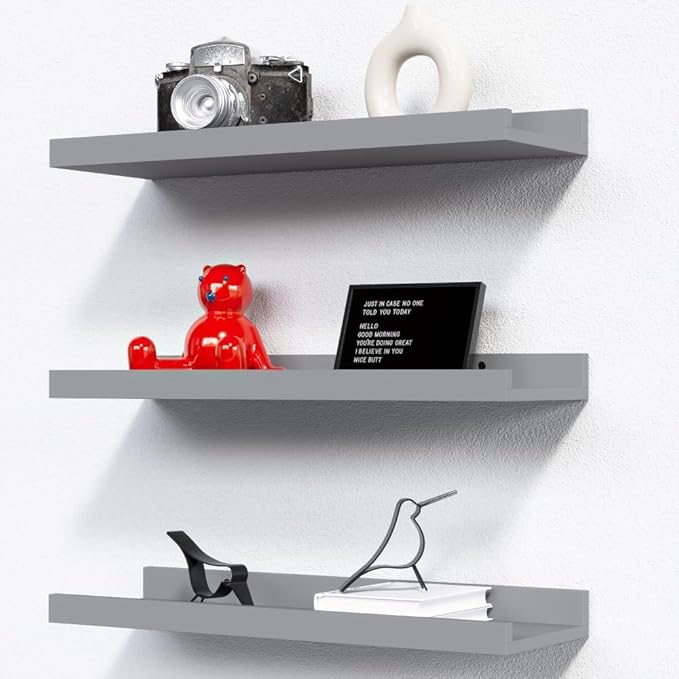 RICHER HOUSE 3 Set Floating Shelves for Wall, Black Wall Mounted Shelves with Lip for Storage, Display Picture Ledge Shelf for Bedroom Bathroom Kitchen Living Room Decor, Modern Grey