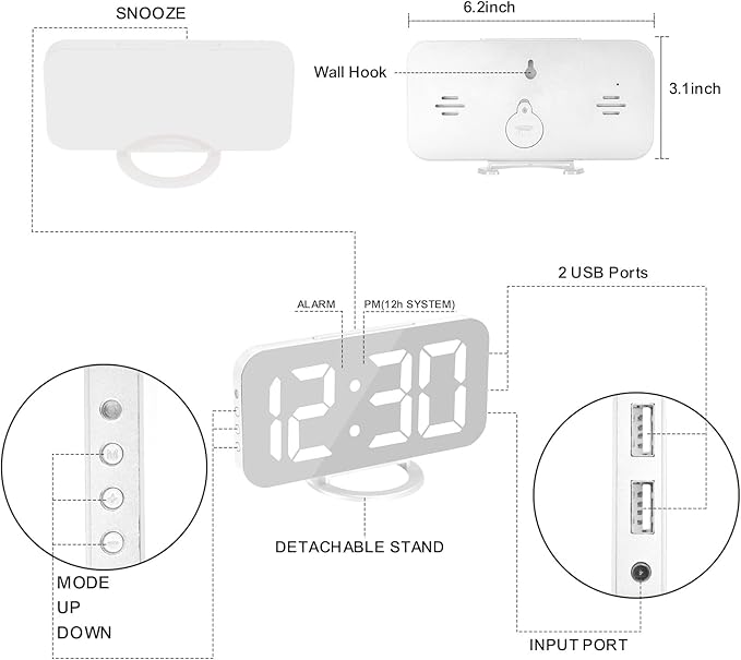 SZELAM Digital Alarm Clock,LED RGB Colorful Clocks,with Mirror Surface Large Display,2 USB Charger Ports,Auto Dimming,Modern Desk Clock for Bedroom Home Office Decor- White