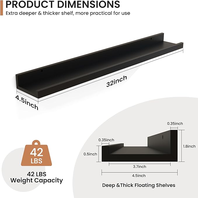 Fun Memories Picture Ledge Shelves Set of 2, 32 Inch Rustic Wall Mounted Floating Shelves with Lip for Home Storage and Décor in Bathroom, Kitchen, Nursery, Bedroom, Living Room, Black